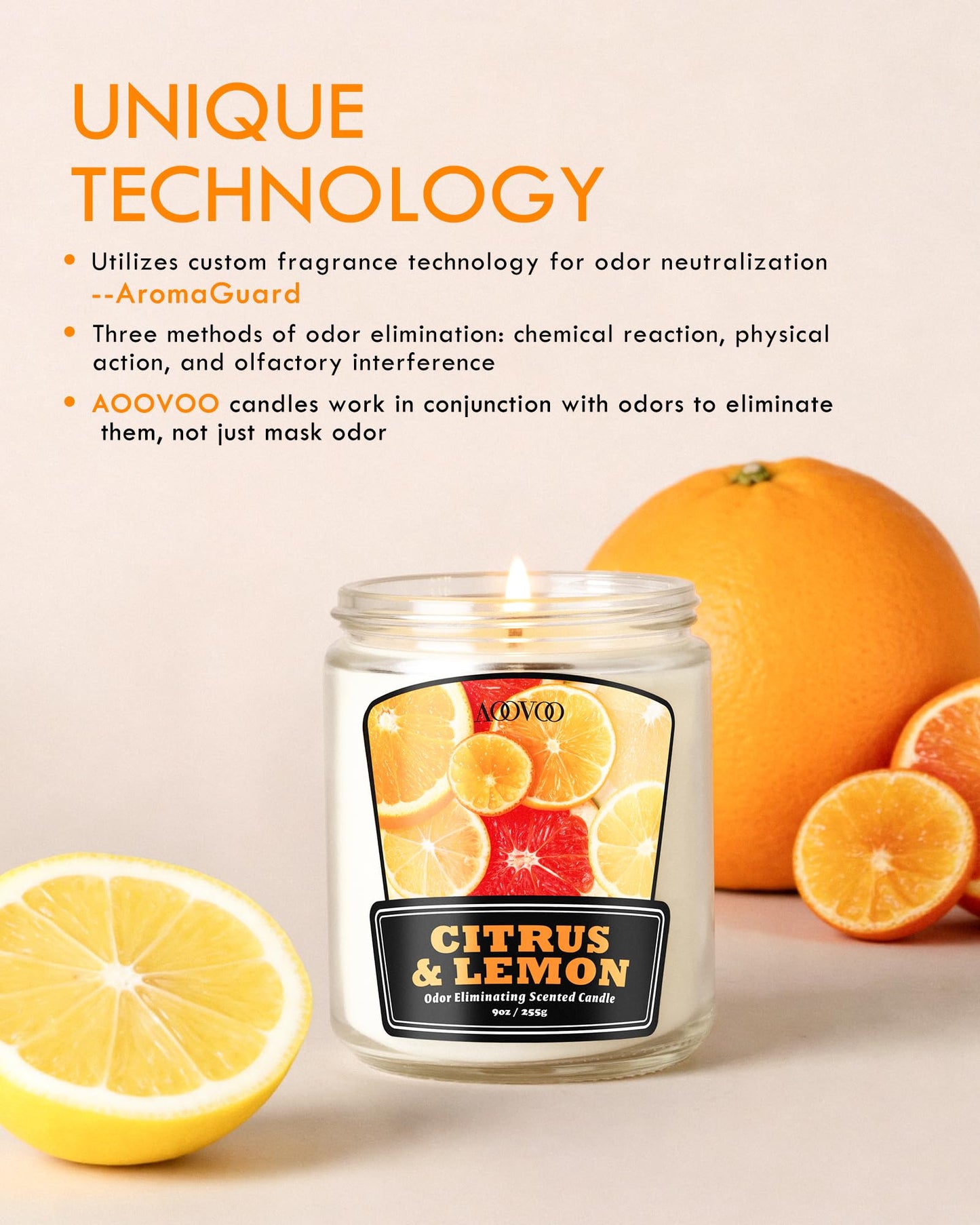 AOOVOO Citrus Lemon 2 Pack Odor Eliminating Candle - Up to 100 Hours Burn time, Eliminates 95% of Pet, Smoke, Food, and Other Smells Quickly, 18 oz Non Toxic Highly Fragranced Air Freshing Soy Candle