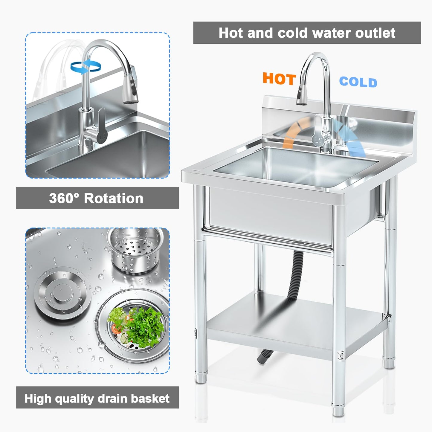 20Inch Stainless Steel Utility Sink, Commercial Single Bowl with Hot & Cold Water Lines, Drain Kit + Base Plate for Kitchen, Garage, Laundry