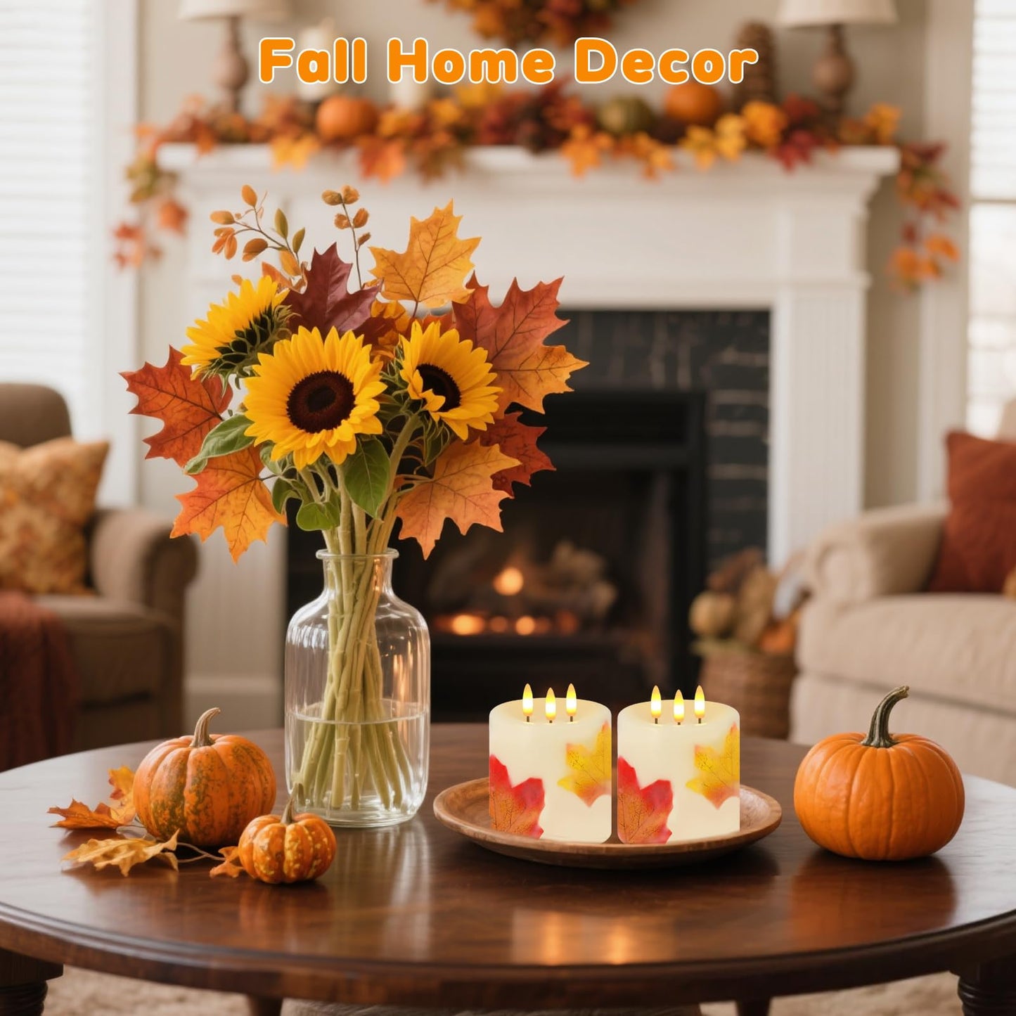 Large 3 Wick Flameless Candles, 4"x4" Flickering Maple Leaves LED Candles with Remote & Timer, Real Wax Electric Pillar Candles Battery Operated, Fall Candles for Thanksgiving Harvest Autumn Decor