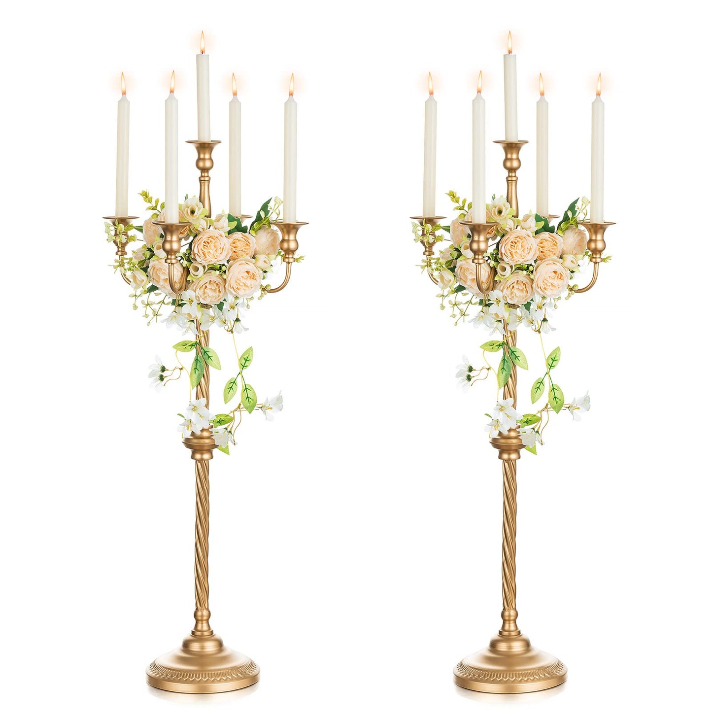 Nuptio Tall Gold Candelabras 34 Inch Candle Stick Holders Set of 2 Floor Candle Stand Taper Candle Holders for Classic Wedding Mantal Christmas Halloween Easter Home Table Centerpiece Decoration
