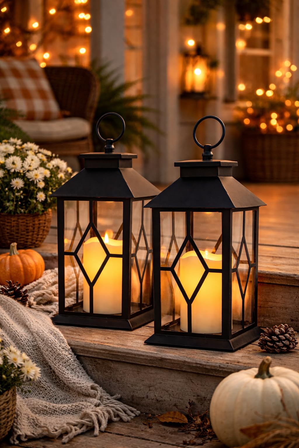 Decorative Black Lanterns Set of 2 with LED Flameless Candles, Remote & 4 Hour Timer, Indoor Outdoor Lantern Decor, Hanging or Tabletop Lighting, 13 Inch Tall