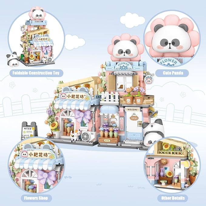 Street View Flower House Shop Mini Building Blocks MOC Creative Building Toys Cute Panda Building Set for Kids 6-12 Simulation Architecture Construction Toy Gift Idea for Kids Adults (810PCS)