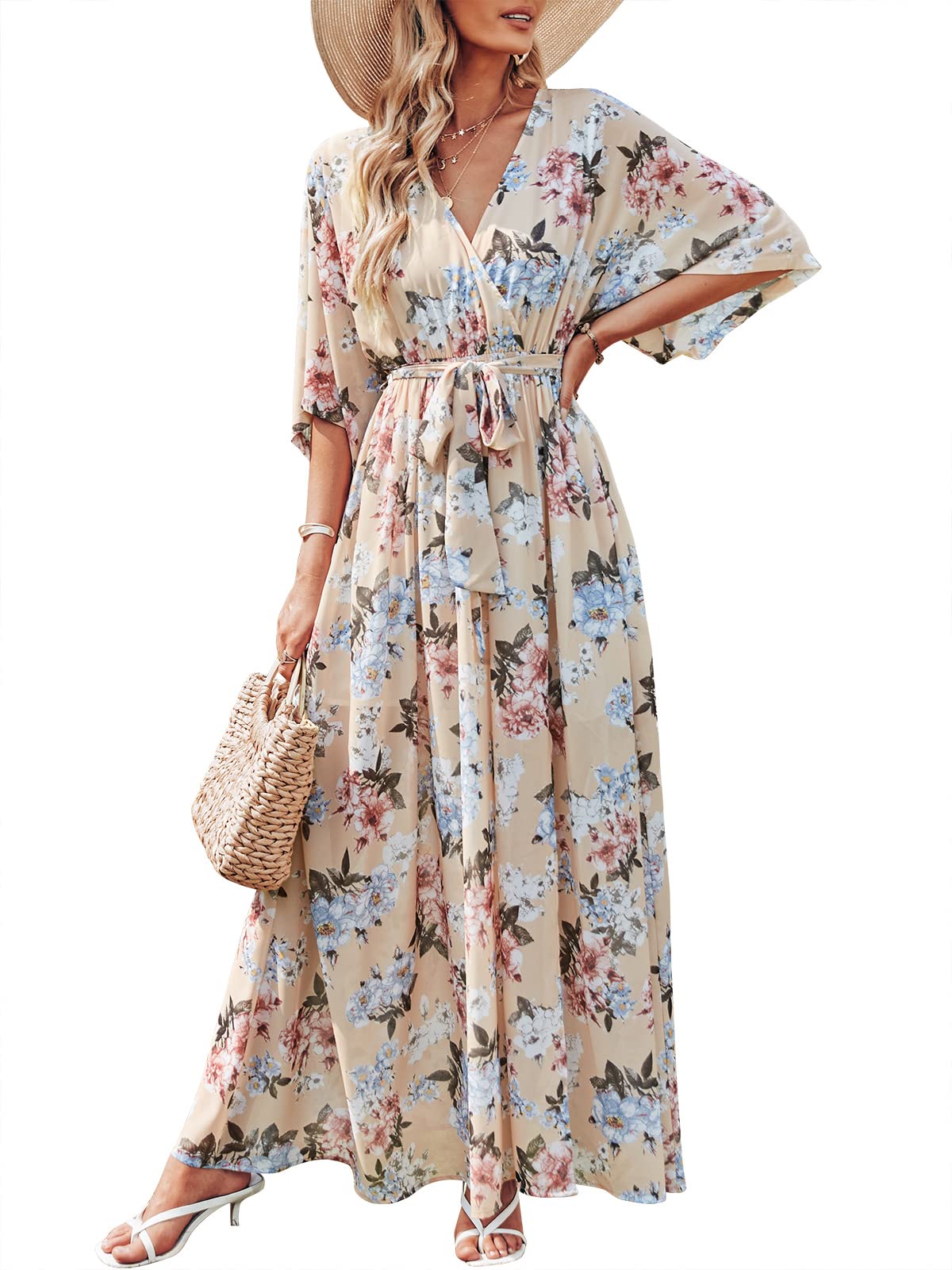 ANRABESS Womens 1/2 Sleeve Beach Wedding Guest Maxi Dresses 2025 Fall Wrap V Neck Boho Floral Flowy Slit Long Summer Dresses