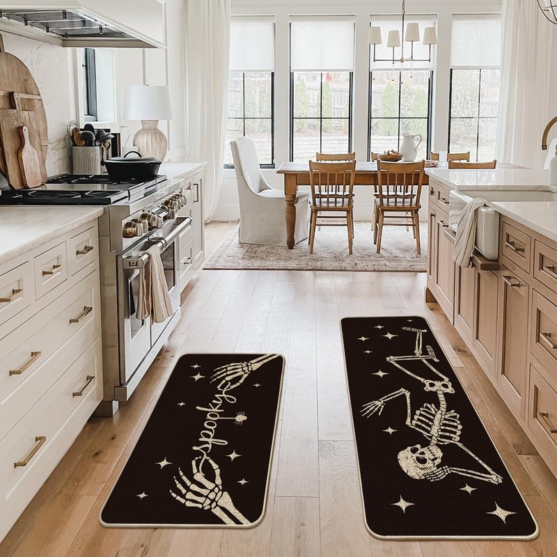 Artoid Mode Spooky Skeleton Spider Bone Black Halloween Kitchen Mats Set of 2, Black Home Decor Low-Profile Kitchen Rugs for Floor - 24x35 and 24x59 Inch