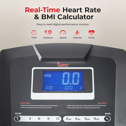 Sunny Health & Fitness Premium Smart Treadmill with Auto Incline, Dedicated Speed Buttons, Double Deck Technology, Digital Performance Display, BMI Calculator and Pulse Sensors - SF-T7515SMART