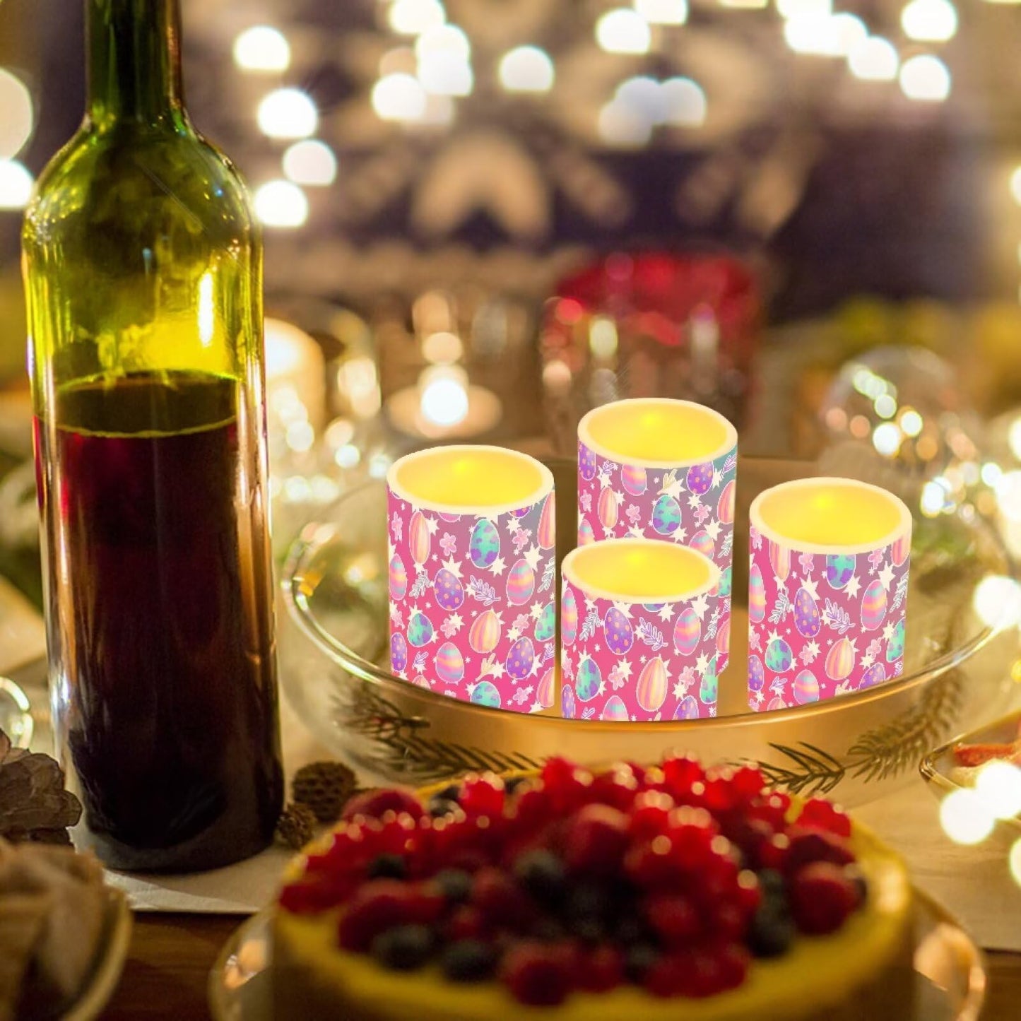 NETILGEN Easter Day Decorative Flickering Flameless Candles Set of 4, Battery Powered with Timer Remote LED Pillar Candles Colorful Easter Eggs Print