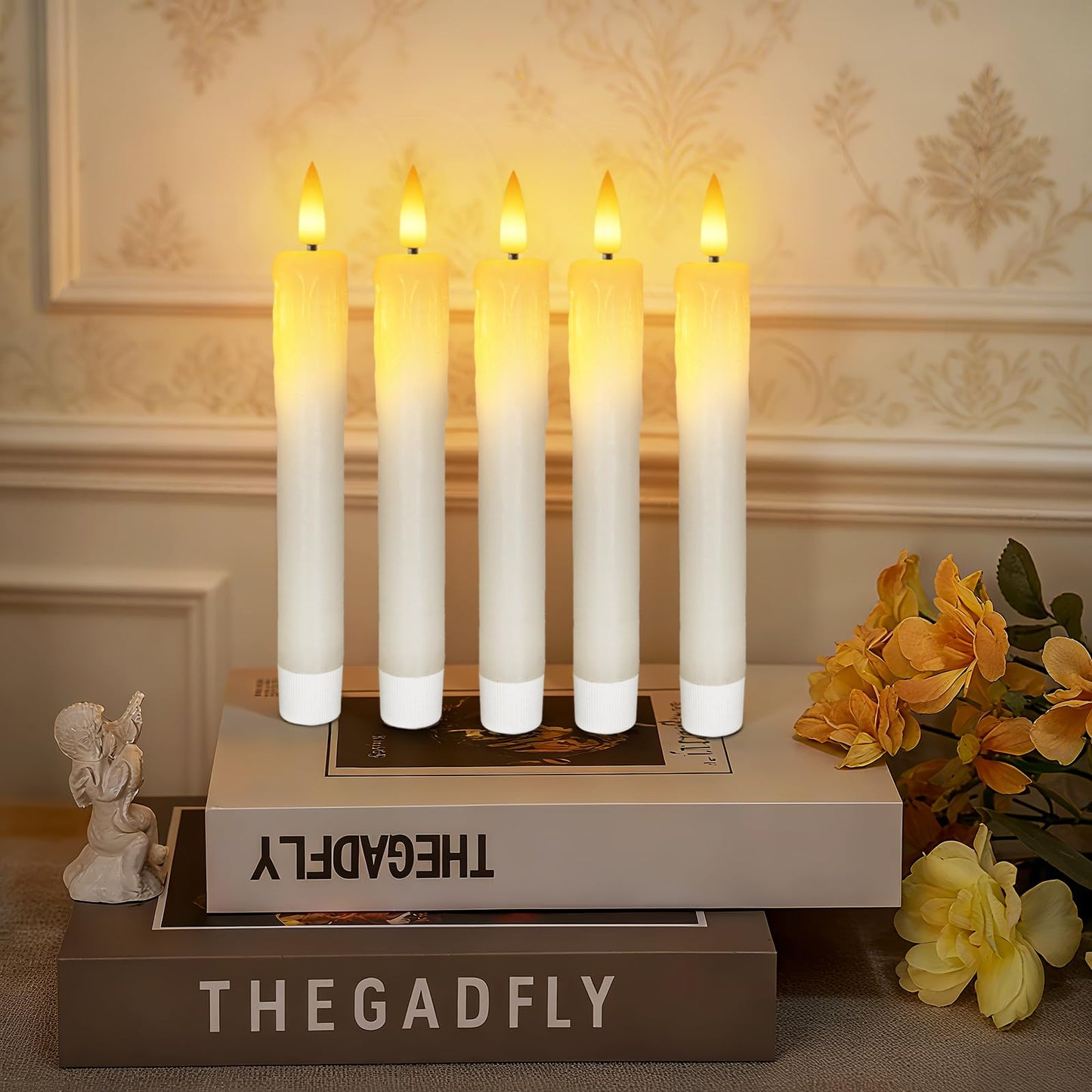 Meigic 7 Inches Dripless Flameless Taper Candles with Remote Timer Dimmer, Real Wax Battery Candlesticks, 3D Flame Fake Candlesticks for Home Wedding Christmas Decor, White, 12 Pcs