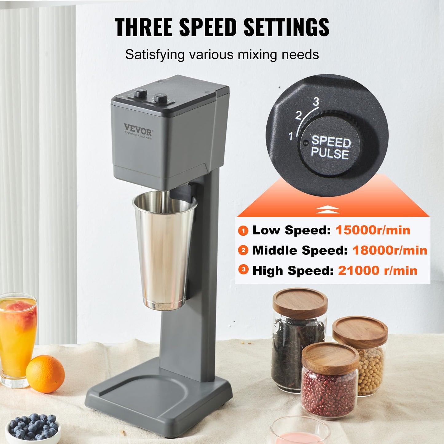 VEVOR Milkshake Machine, 375W Milkshake Maker Mixer, Single Head Drink Mixer Blender Machine, 3-Speed Milkshake Blender with 820ml Stainless Steel Cup for Commercial
