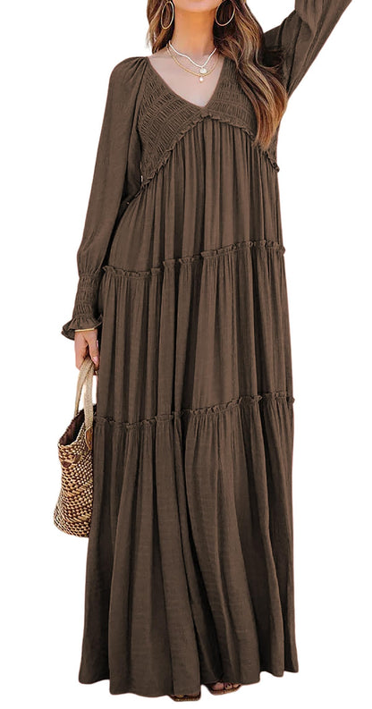 R.Vivimos Maxi Dress for Women Long Sleeve V Neck Empire Waist Layered Ruffle Boho Casual Flowy Long Dresses