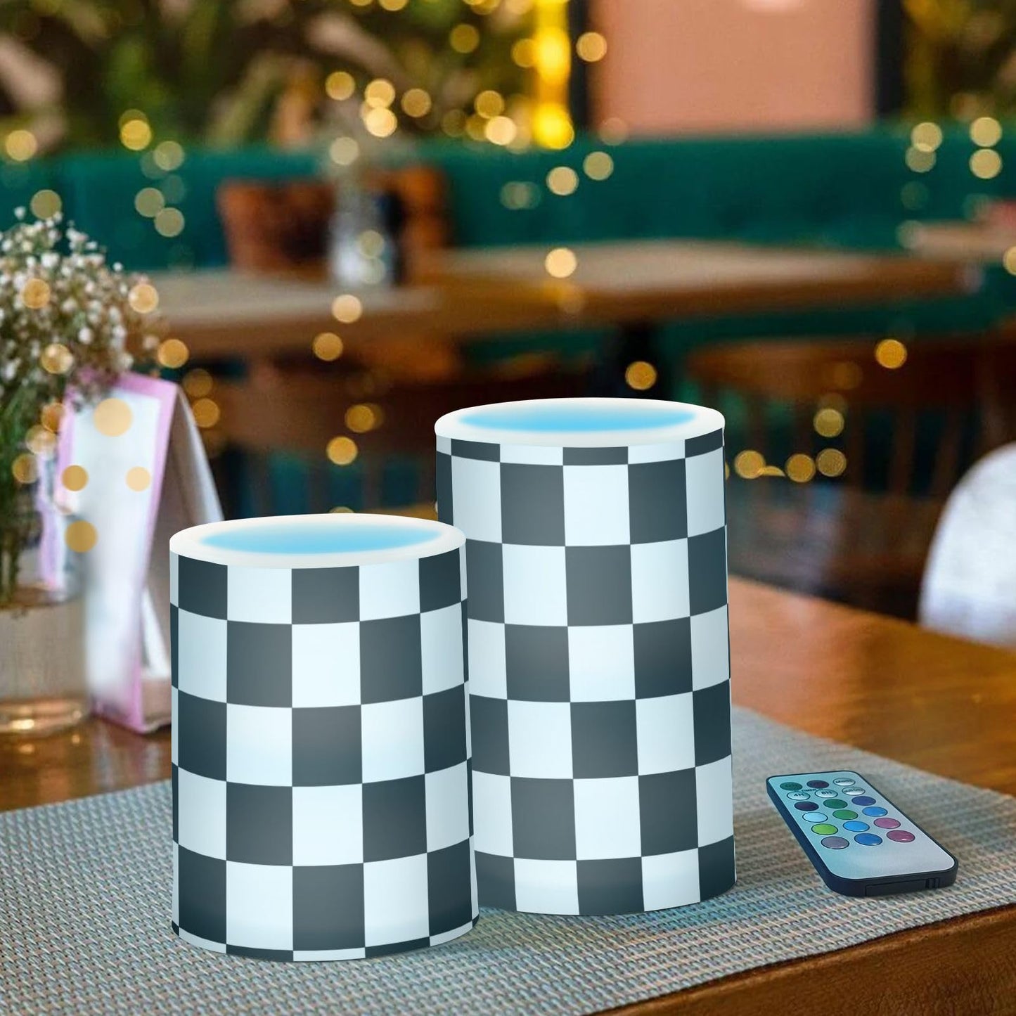 ALAZA Black White Checkered Flameless Candles Flickering LED Candles with Remote Timer Battery Operated Pillar Candles Set of 2 for Dinner Holiday Decor