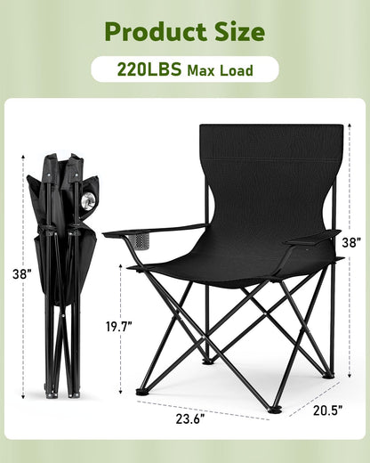 YSSOA Portable Folding Black Camping Chair, 2-Pack