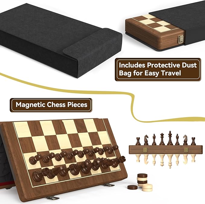 Premium Natural Walnut 15 Magnetic Wooden Folding Chess &amp Checkers Set- 2 in 1 Board Game with 3 King Staunton Pieces and 2 Extra Queens Checkers and Dust-Proof Storage Bag (Black)