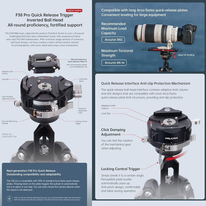 Falcam TreeRoot F38 Pro Carbon Fiber Tripod, 61" Quick Lock Travel Tripod with 360° Ball Head, 5kg Load, F22 Interfaces, 1/4" Screw, Carry Strap Holes for DSLR, Mirrorless, and Video Cameras