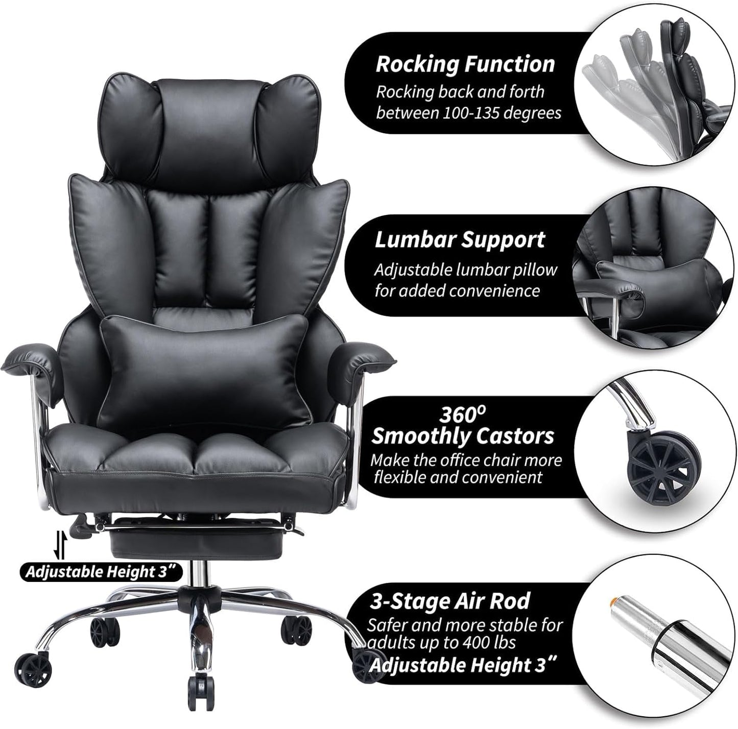 Efomao Big and Tall Office Chair with Foot Rest 400LBS, PU Leather Computer Chair, Heavy Duty Executive Office Chair with Lumbar Support, Black Home Office Chairs