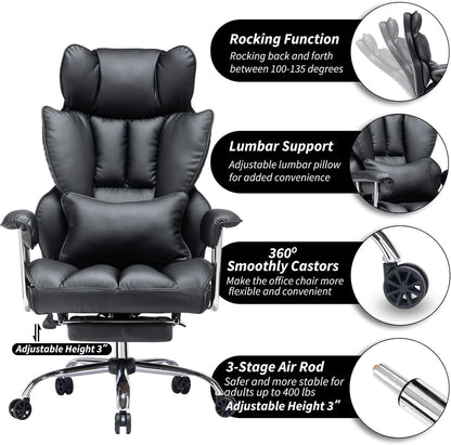 Efomao Big and Tall Office Chair with Foot Rest 400LBS, PU Leather Computer Chair, Heavy Duty Executive Office Chair with Lumbar Support, Black Home Office Chairs