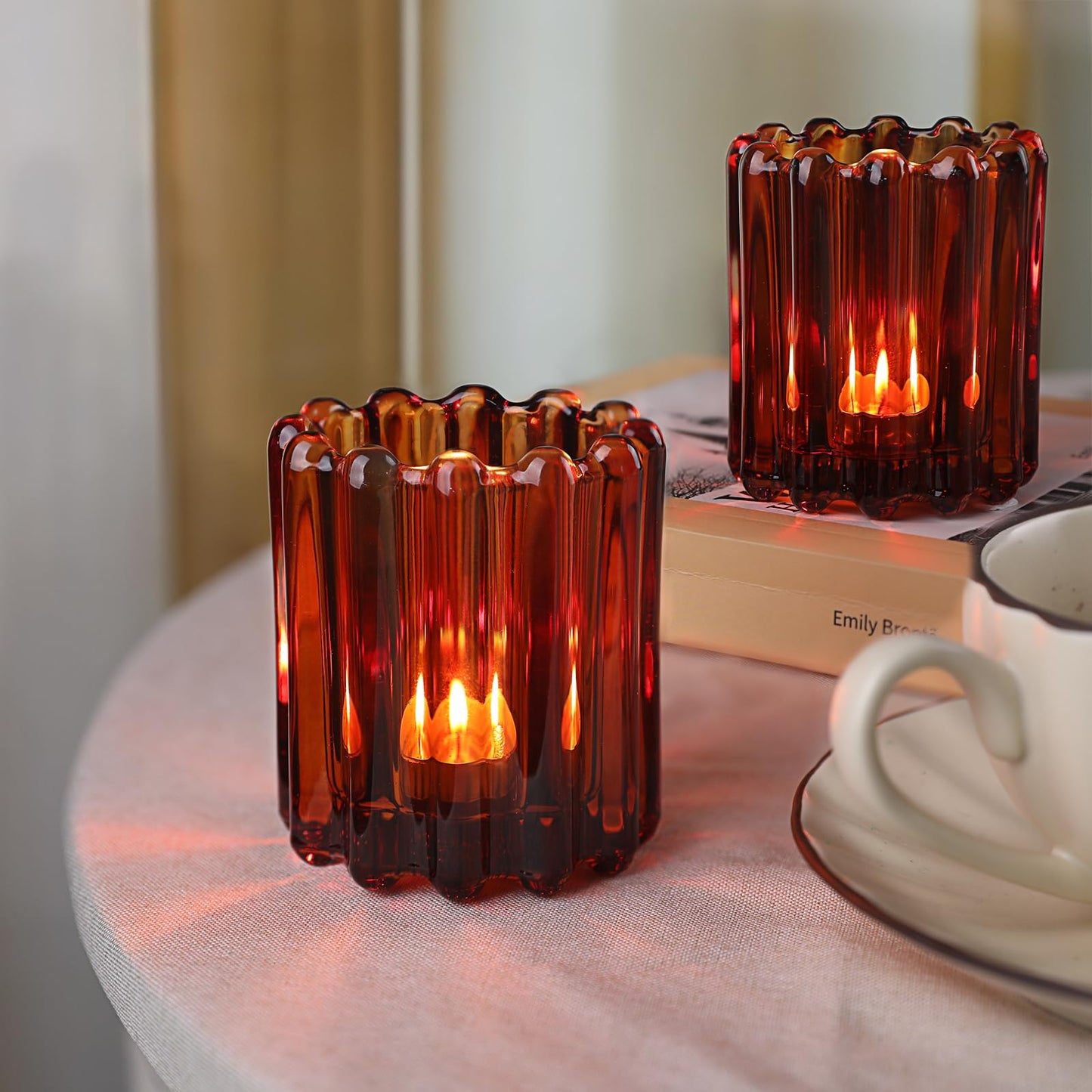 HAVITI Glass Amber Votive Candle Holder, Ribbed Votive Candle Holders Set of 12, Tealight Candle Holder for Wedding Centerpieces Dinner Party Table Decor