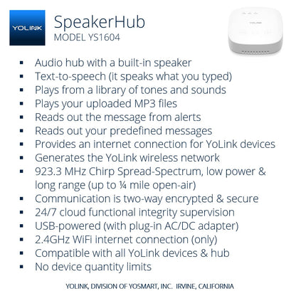 YoLink Water Leak Detection Starter Kit, w/SpeakerHub Audio/Talking Hub & Water Leak Sensors, LoRa Up to 1/4 Mile Open-Air Range, SMS/Text, Email & Push Notifications, w/Alexa, IFTTT, Home Assistant
