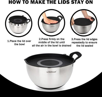 Hillbond Stainless Steel Mixing Bowls Set - 3 Bowls with Lids, Pour Spout & Non-Slip Bottoms | Black