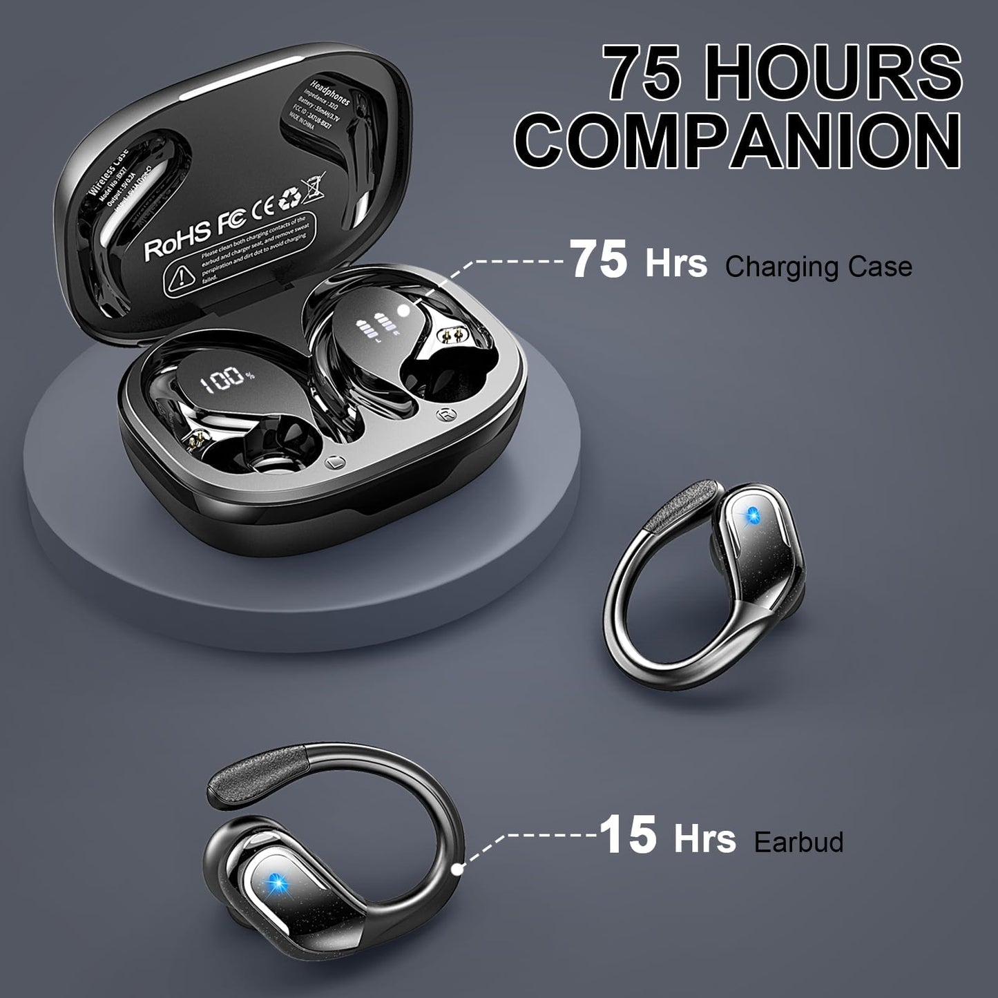 Wireless Earbuds, Sport Bluetooth 5.4 Headphones 2026 New Bluetooth Earbuds with 75Hrs Stereo, 4 ENC Mic, Noise Canceling Over-Ear Buds with Earhooks, IP7 Waterproof Earphones for Workout/Running/Gym