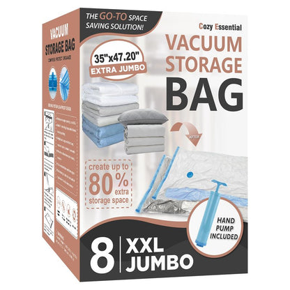 Cozy Essential Vacuum Storage Bags, 80% Compression Vacuum Seal Space Saver Plastic Packaging Bags for Clothes, Blankets, Pillow, Bedding, Comforters, Sealer Clothing Storage,8 XXL Jumbo