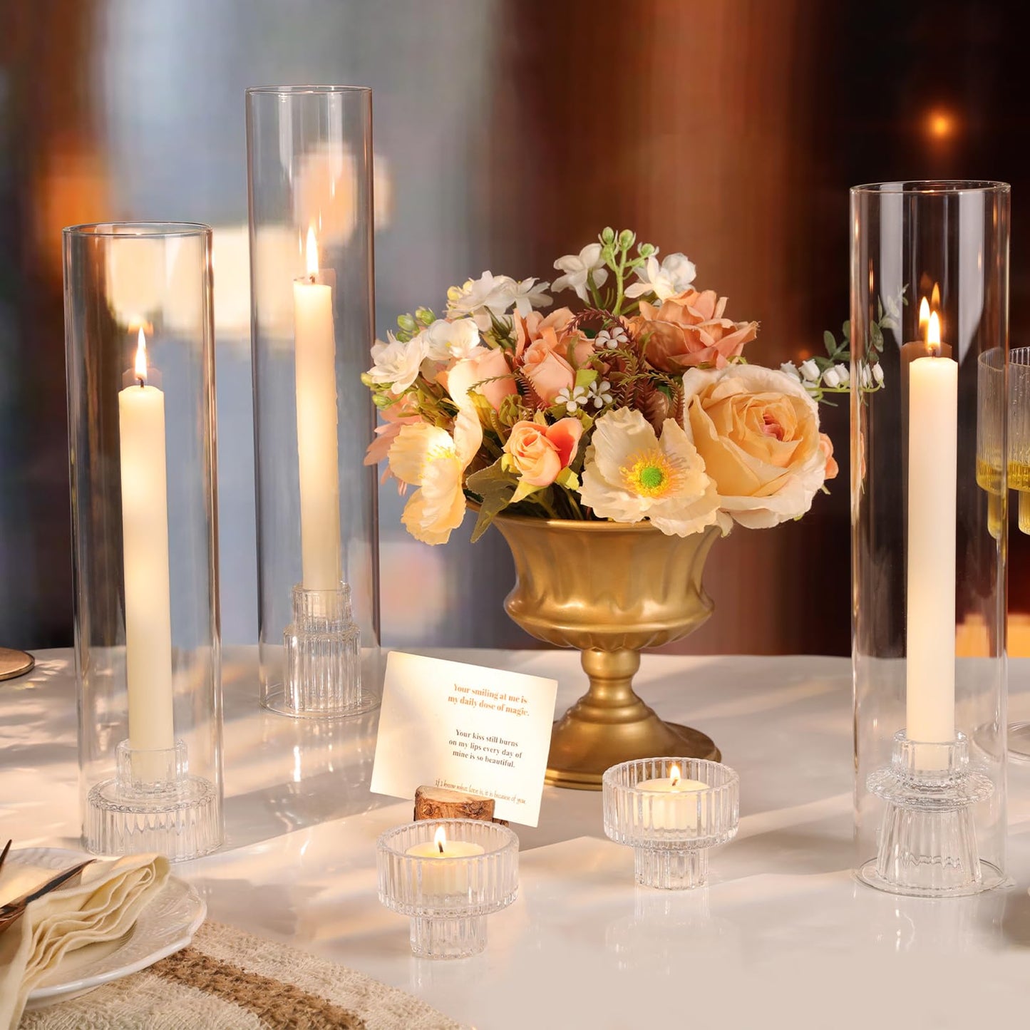 NITIME 9 Set Hurricane Glass Candle Holders for Taper Candles, Candlestick Holders with Windproof Glass Tubes(11.8"/12.6"/13.8" H), Taper Candle Holders for Table Centerpieces, Wedding, Party Decor