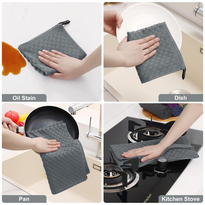 Homaxy 100% Cotton Kitchen Towels and Dishcloths Set, 12 x 12 & 15 x 25 Inches, Set of 8 Bulk Terry Cloth Dish Towels, Super Soft and Absorbent Hand Towel with Hanging Loop, Dark Grey