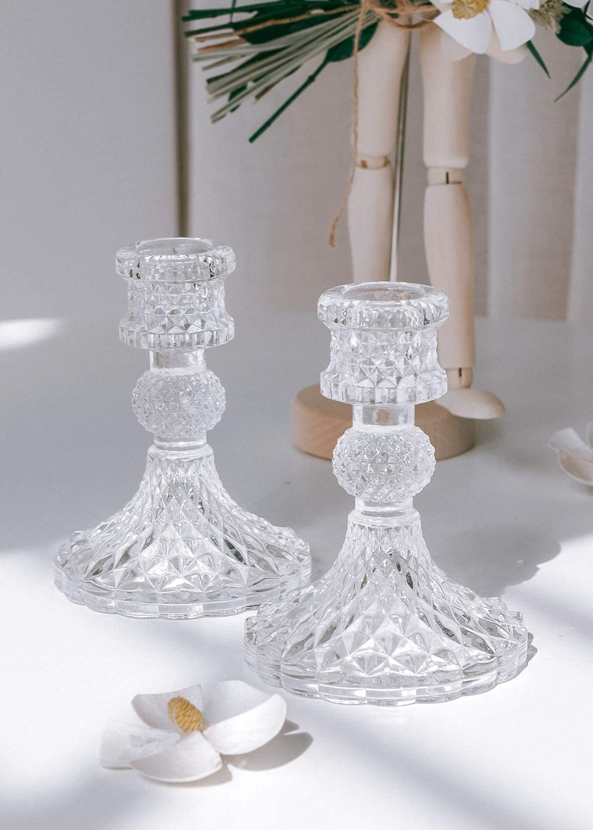 Taper Candle Holders Set of 2, Clear Glass Candlestick Holder Fit 0.8 Inch Candles, 4 Inch Tall Crystal Decorative Candle Stand Centerpiece for Table Wedding Dinning Party