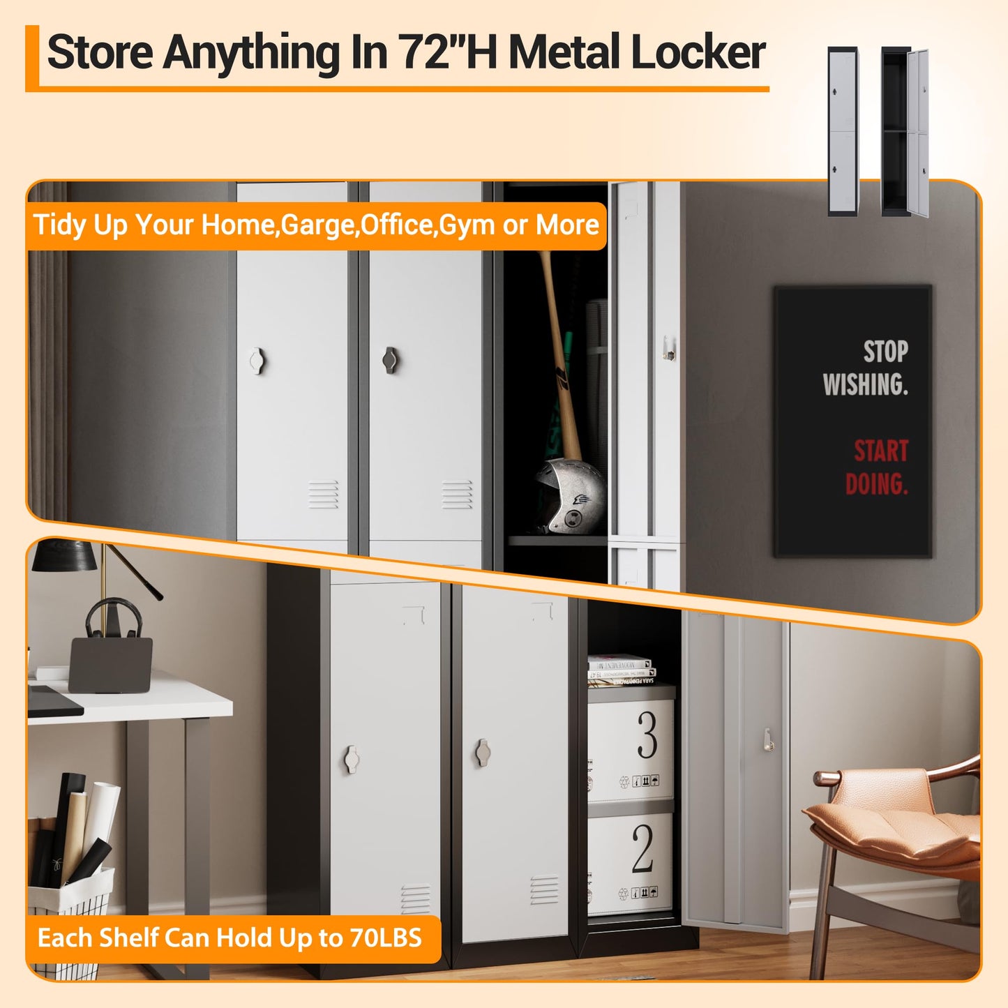 GAOMON 2 Door Tall Metal Locker with Key Employee Metal Locker, Lockable Heavy Duty Steel Employee Locker for Schools, Gyms, Homes, Offices, Utility Rooms, Grey and Black