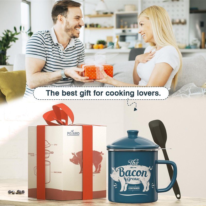 Bacon Grease Container With Strainer, 46OZ Large Enamel Grease Container, With Silicone Spatula, Farmhouse Bacon Grease Keeper, Cooking Oil Container For Kitchen Fat Storage, Dishwasher Safe-Blue