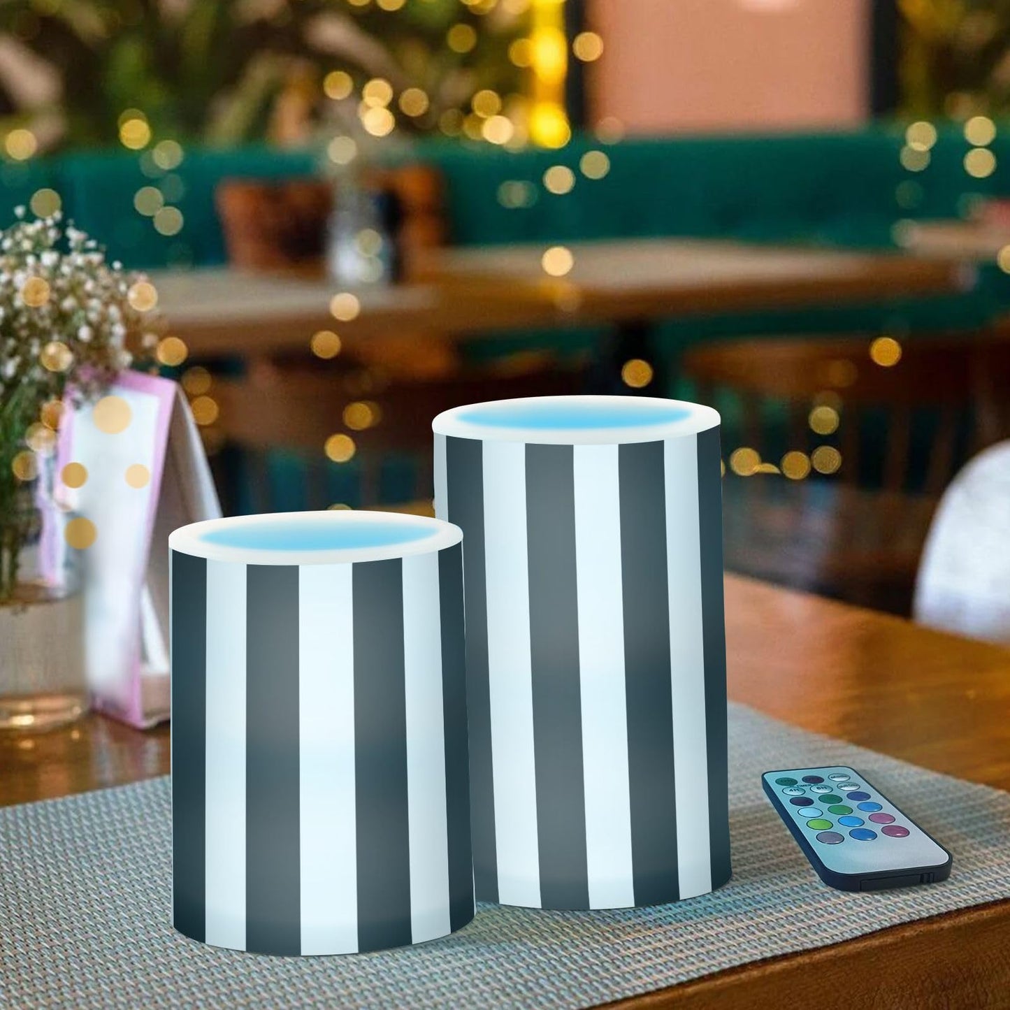 ALAZA White Black Stripe Flameless Candles Flickering LED Candles with Remote Timer Battery Operated Pillar Candles Set of 2 for Dinner Holiday Decor