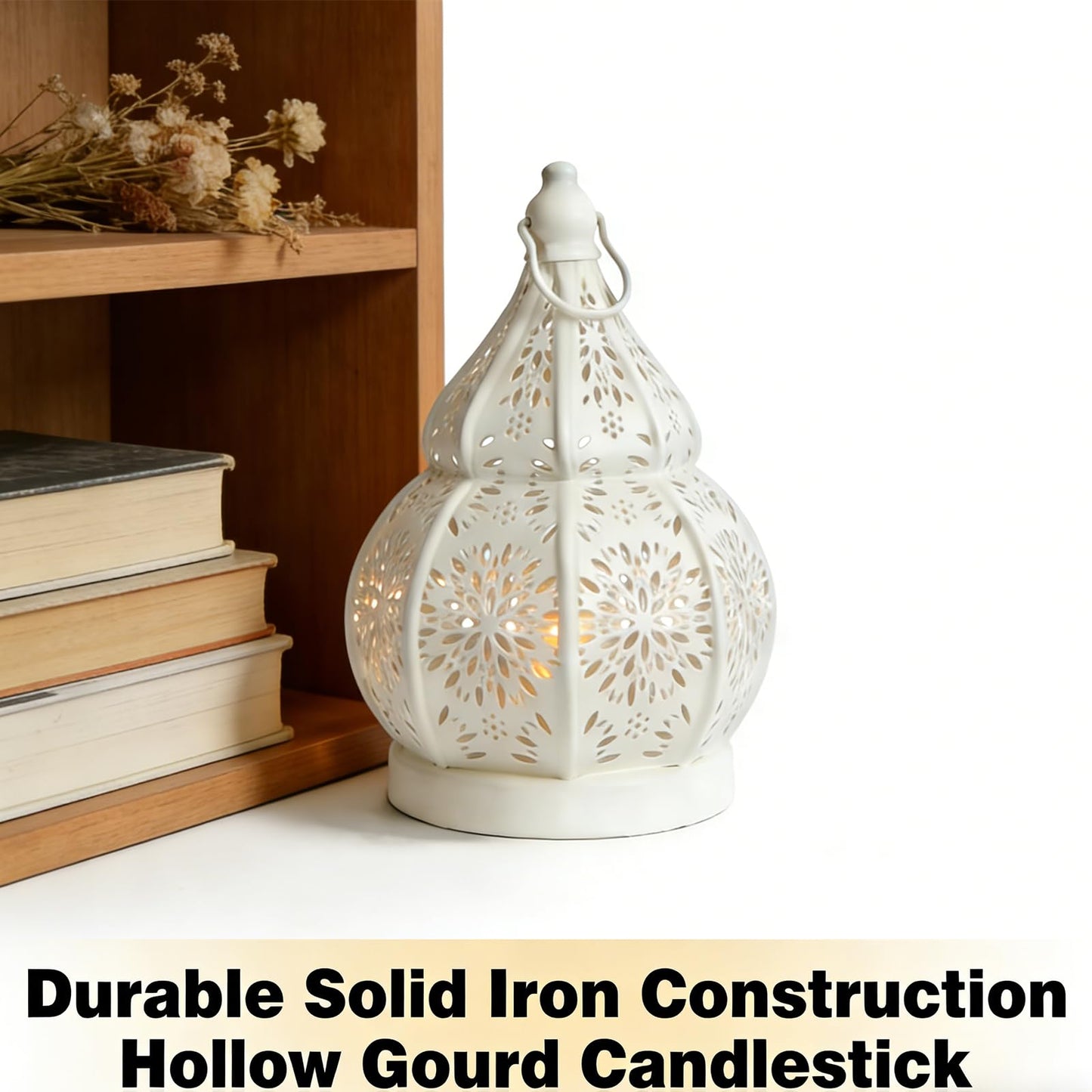 1pcs Iron Gourd Hollow Candle Holder Projection Ambient Decor for Home Garden Courtyard Decorative Ornament (Gold)