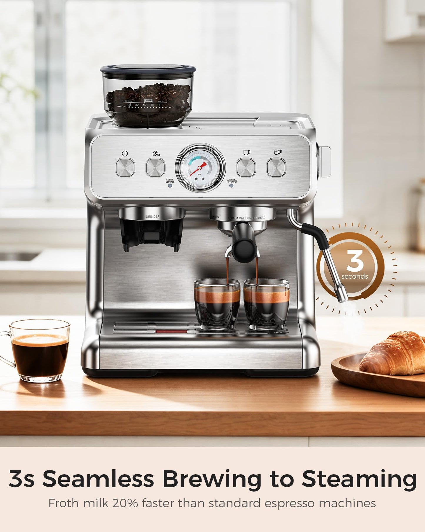COWSAR Dual Boiler Espresso Machine with Grinder, Commercial Expresso Coffee Machines,Use Milk Frother and Brew Coffee Machine Simultaneously, Coffee Maker Cappuccino Latte, 95oz Water Tank