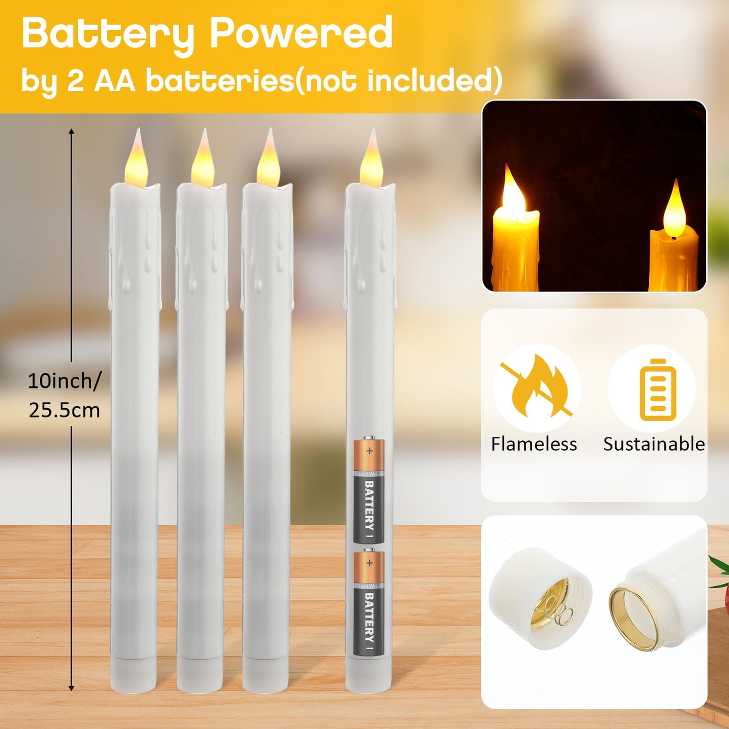 Baquler 50 Pcs 10 Inch White Flameless Taper Candles Dripless Battery Operated LED Flickering Candlesticks Window Candle with 3D Flickering Flame for Wedding Spring Summer Decor