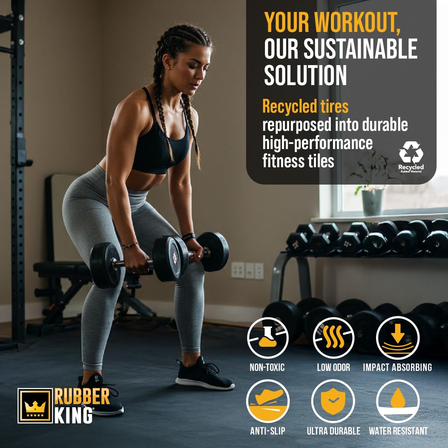Rubber King 10 Piece Interlocking Tiles 19" x 19" x 6mm - 100% Recycled Rubber Gym Floor Tiles, Exercise Mat for Home Gym, Anti-Slip Low-Odor Interlocking Puzzle Floor Tiles - 23.5sq ft - Grey