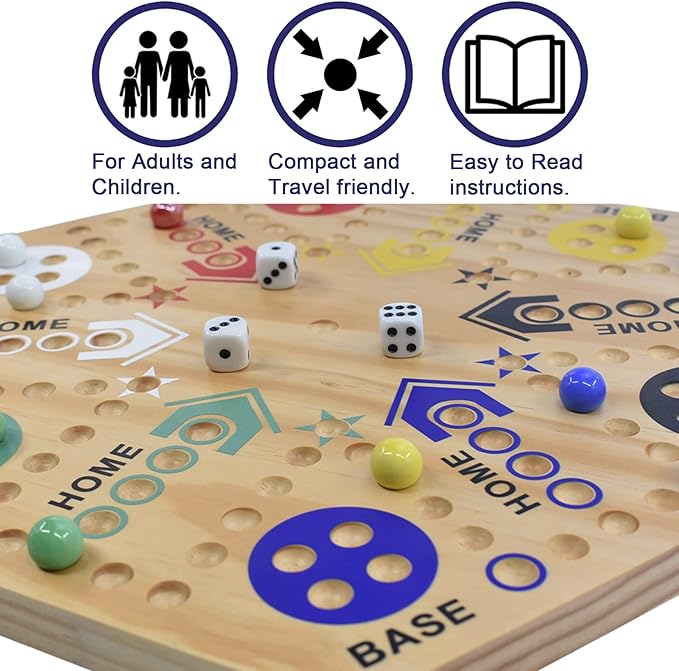 24 Wooden Wahoo Board Game Double-Sided for 4 or 6 Players Fast Track Board Game Original Marble Game Set with 36 Marbles 8 Dice for Family Night Parties and Adult Gifting