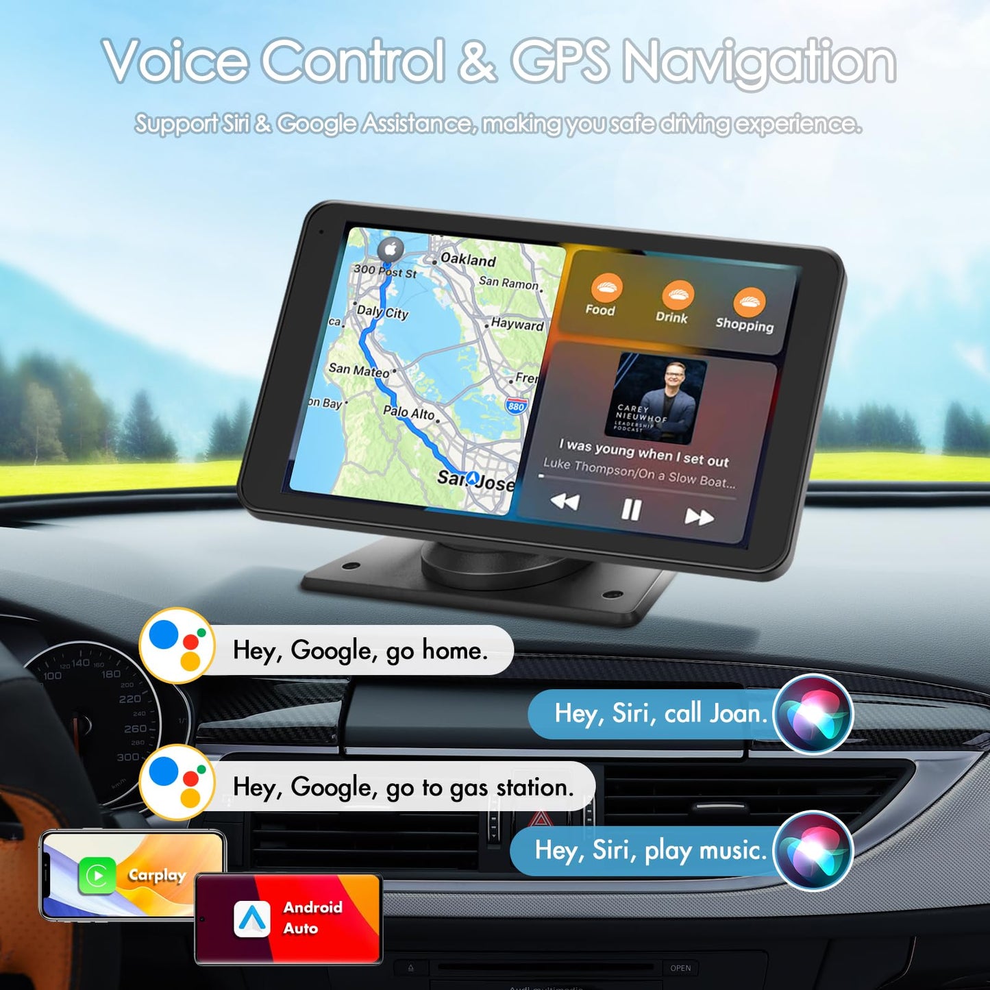 Portable Wireless Carplay Car Stereo, 7" HD Touchscreen for Car with Apple CarPlay & Android Auto with Backup Camera/Mirror Link/Voice Control/Bluetooth/GPS/AUX/FM Satellite Radio for All Vehicles