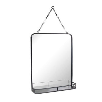 Stonebriar 21" x 16" Rectangle Black Metal Wall Mirror with Hanging Chain and Shelf, Decorative Industrial Decor for the Living Room, Bedroom, Bathroom, Hallway, and Entryway