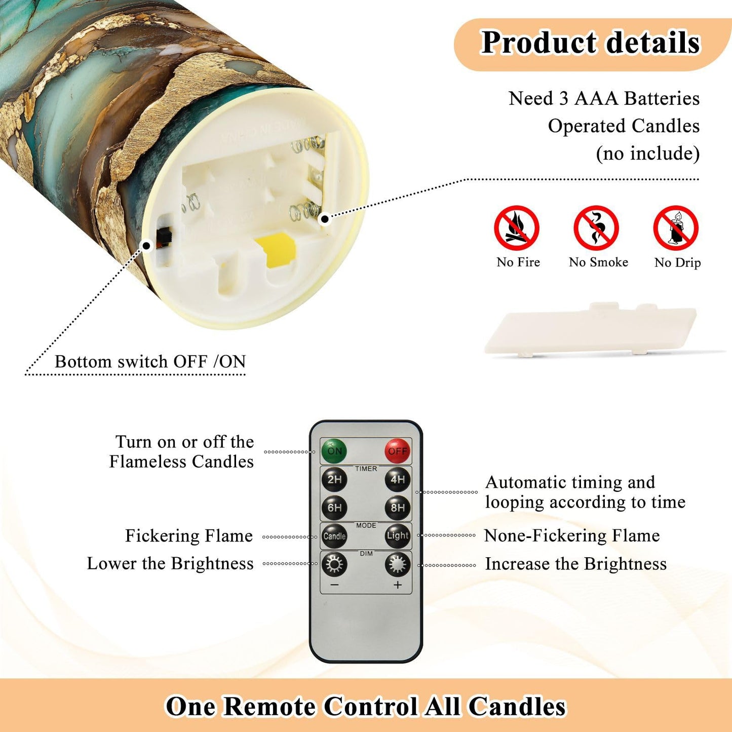 famyily Christmas Tabletop LED Candles Set of 2 Long Lasting Battery Operated Candles for Wedding Table Centerpieces 3.9x3in - Marble Brown Turquoise