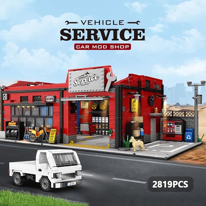 39148 American-Style Parking Repair Shop Building Block Set with Lighting 2819 Pieces Shop Building Model Building Block Sets Adult Creative Enthusiast Model Gifts and Unique Collectibles