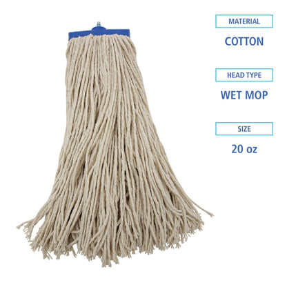 Boardwalk BWK720C Mop Head, Economical Lie-Flat Head, Cotton Fiber, 20oz, White (Case of 12)