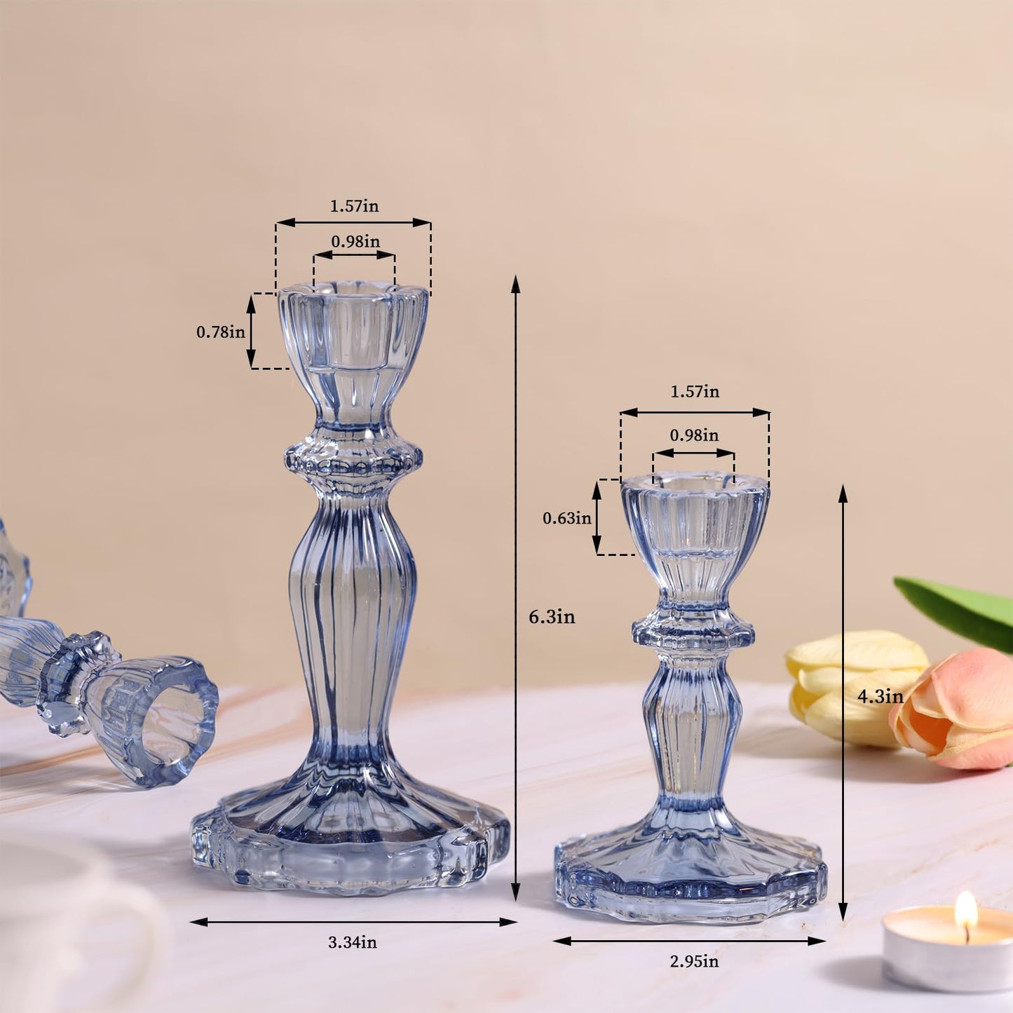 Simeitol Blue Candlestick Holders Set of 6, Taper Candle Holders, 4.3" H & 6.3" H Glass Candle Holder for Candlesticks & Pillar Candles, Candle Holder for Table Centerpieces and Wedding Decor