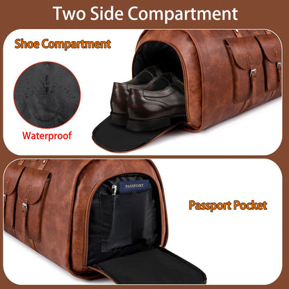 Garment Bag for Travel, Convertible Carry on Garment Duffel Bag for Men 3Pcs, Faux Leather Waterproof Large Weekender Bag for Men 2 in 1 Hanging Suitcase Suit Dress Business Travel Bag