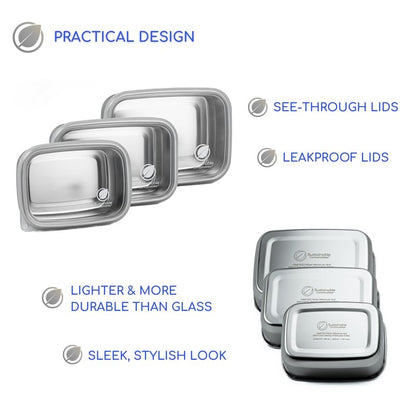 Sustainable Containables Stainless Steel Food Storage Containers with Clear Platinum Silicone Lids, Airtight, Leakproof 18/8 (304) Food Grade SS Nested 3Pk 20/30/40 oz Plastic-Free