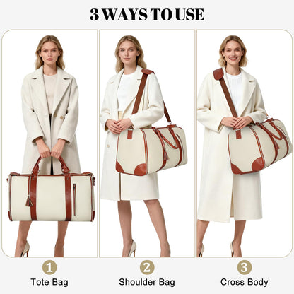Geestock Garment Bag for Travel, Convertible Carry On Garment Duffle Bags for Women with Shoe Pouch & Detachable Shoulder Strap, Large PU Leather, 2 in 1 Hanging Suitcase Dress Suit Travel Bag, Beige