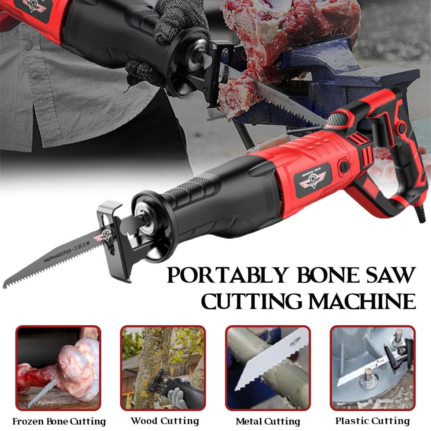 Multi-Purpose 3800W Handheld Electric Saw, 6-in-1 Cutter for Meat Bone, Wood, Metal, Plastic, Aluminum, Heavy Duty Bone Saw Machine Kit with Gloves & Goggles (220V)