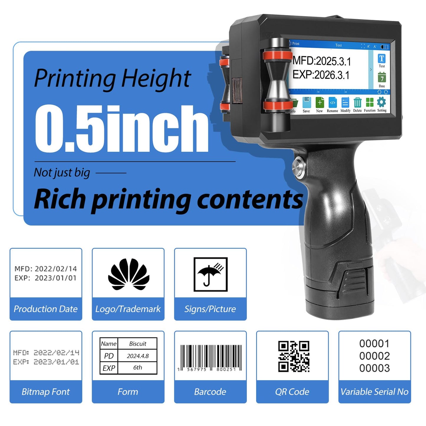 ZHONGMIN Handheld Inkjet Printer with 42ml Quick-Drying Ink Cartridge, Portable Ink Jet Coding Machine for Text/Date/Batch Number/QR Code/Barcode/Logo, Print Height from 0.08 to 0.5 Inch (ZM-C800)