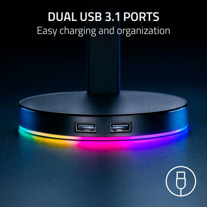 Razer Base Station V2 Chroma Headphone Headset Stand Holder: Chroma RGB Lighting - Taller Stand & Anti-Slip Ledge - USB Charging Ports - Anti-Slip Rubber Base - 3.5mm Port + Built-in DAC - Black