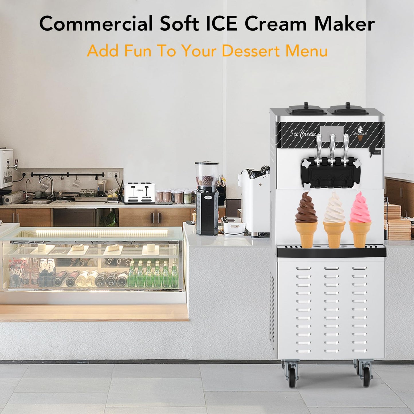 MilleLoom 2450W Commercial Soft Ice Cream Machine 3 Flavors 5.8 to 8.2 Gallon Per Hour PreCooling At Night Auto Clean LCDPanel for Restaurants Snack Bar, Sliver