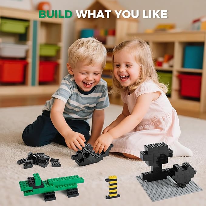 500 Piece Classic Building Bricks and 1 Gray Baseplate 2x4 Bricks Bulk Creative Building Toys Blocks Bulk for Kids Ages 6+ Black(Small Bricks 1.25x0.62x0.47 in)