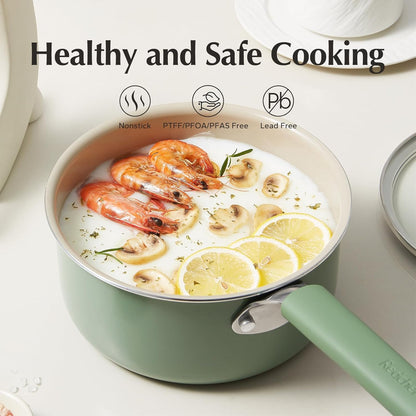 Redchef Ceramic Nonstick Saucepan - 1.5QT Small Cooking Pot with Lid, PFAS-Free, Green